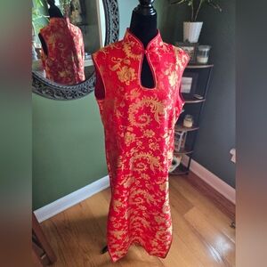 Red and Gold Sleeveless Cheongsam Dress 100%silk